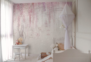 tapeta wisteria kids pink do pokoju dziecięcego z kwiecistym drzewem i ptakami