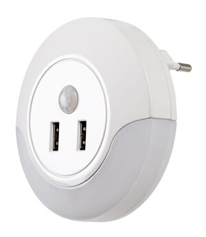 Dembo biały czujnik zmierzchu i ruchu LED 13,9W 3000K 2xUSB Lampka wtykowa do kontaktu