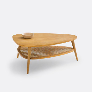 Χαμηλό τραπεζάκι vintage από ξύλο δρυ και ψάθα Π90xΥ37cm