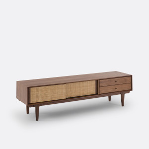Vintage έπιπλο TV hifi από ξύλο καρυδιάς και ψάθα Μ45xΠ175xΥ50cm