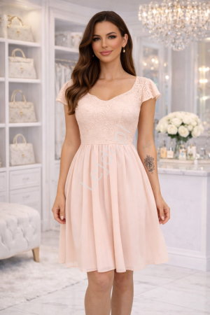 Beżowa sukienka elegancka z koronkową górą, Julia Km313