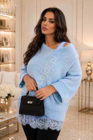 Błekitny sweter plus size z koronkową wstawką  6501