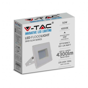 V-Tac Vt-4051 50 W Led-Flutlicht E-Serie, Superflach, G2, Weißes Gehäuse, Kaltweiß, 6500 K, Ip65 – Artikelnummer 215963