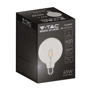 V-Tac Vt-1983 Led-Glühbirne Globe 6w Transparentes Filament E27 G125 Warmweißes Licht 3000k - 214304