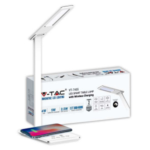 V-Tac Vt-7405 4w Led Touch Farbwechsel 3in1 Dimmbare Tischlampe Mit Kabelloser Ladestation, Weißes Gehäuse - Sku 218601