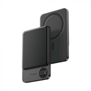 V-Tac Powerbank Magsafe 5000 Ah, Magnetisches Aluminium-Display Und Kabelloses Laden, 20 W, Ultradünn, Graue Farbe – 7850