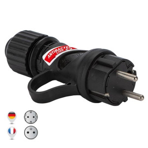 Fanton Stecker Französisch/deutsch Std. 2p+e 16a Ip44 Schwarzer Körper Mit Gummiabdeckung Antibakteriell Durch Biocote Gegen 99% Der Viren  80052ab