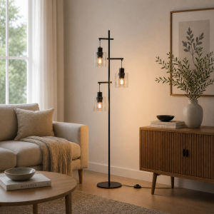 Stehlampe, 152,2 cm Höhe, Ø 46 cm, 3 x E27, max. 52 W, Metall/Glas