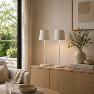 2er-Set, LED Außen Tischlampe, 37cm, 310lm, Touchdimmer, USB, beige