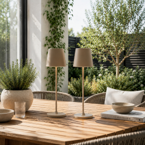 2er-Set, LED Außen Tischlampe, 37cm, 310lm, Touchdimmer, cappuccino
