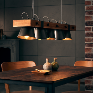 Hängelampe, 115 cm Höhe, E27, max. 10 W, Metall/Holz