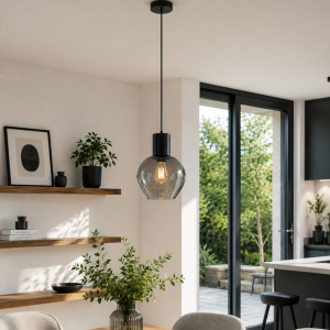 Ø23 cm, H 150 cm, E27 Fassung, Rauchglas Aluminium, kürzbar, schwarz