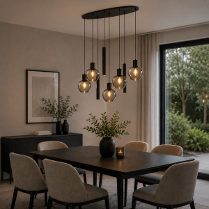 126 x 150 cm, 5x E27 u. 3x GU10, dimmbar, Aluminium Rauchglas, schwarz