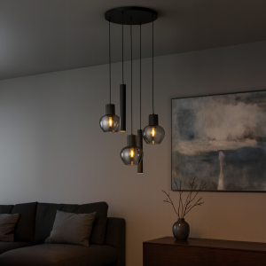 Ø 68 cm x 150 cm, 3 x E27 und 2 x GU10, Aluminium Rauchglas, schwarz