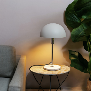 Pilz-Tischlampe, E14, 36cm, Beige, Silberfarben, Fuß Travertine Stein