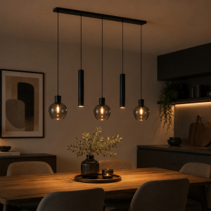 123 x 150 cm, 3x E27 u. 2x GU10 Fassung, Aluminium Rauchglas, schwarz