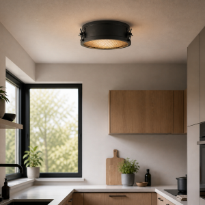 Deckenlampe, 10 cm Höhe, Ø 30 cm, E27, Metall, schwarz korund