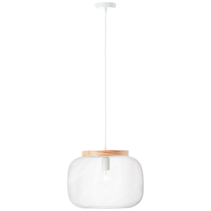 Pendelleuchte, H 110 cm, D 40 cm, E27, Metall/Holz, weiß/holz hell