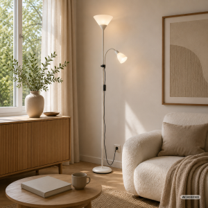 Deckenfluter, 1,8m, E27+E14, verstellbarer Arm, Aluminium/Kunststoff, beige