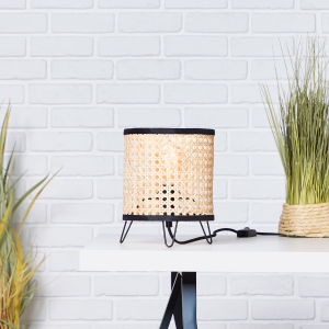 Tischlampe, 21 cm Höhe, Ø 18cm, E27, max. 60W, Schalter, Metall/Rattan
