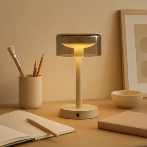 LED Akku Lampe, 26cm, 260lm, Wireless Charging, dimmbar, beige