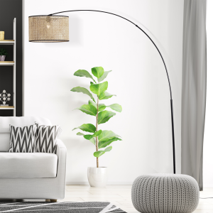 Große Bogenleuchte, 210 cm, Ø 45 cm, Lampenschirm Rattan max. 60 Watt