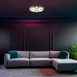 LED-Deckenlampe, Ventilator, Fernbedienung, RGB, CCT, Ø48cm, Holzoptik