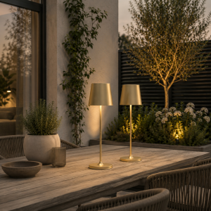 2er-Set, LED Außen Tischlampe, 37 cm, 310lm, Touchdimmer, Goldfarben