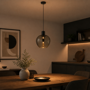 H 150 cm, Ø 35 cm, E27 Fassung, Aluminium, Glas, Schwarz Rauchglas