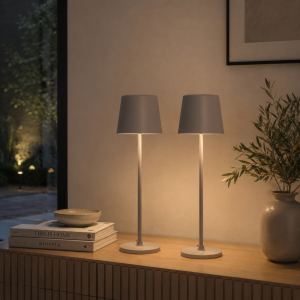 2er-Set, LED Außen Tischlampe, 37 cm, 310lm, Touchdimmer, USB, grau