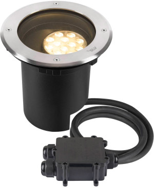 SLV DASAR® L, Encastré de sol, asymétrique, 3000K, 70°/40°, IP65/IP67, rond, inox / noir - Luminaire encastrable au sol