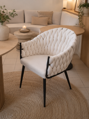 BONA Krzesło Tapicerowane Ecru Welur Plecione Warkocz Stelaż Czarny