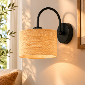 Kinkiet do wnętrz boho LYON BOHO z beżowym rattanowym kloszem