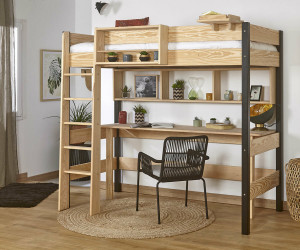 Ma Chambre d'Enfant Lit mezzanine adulte avec bureau Clay  Noir et bois 90x190 cm