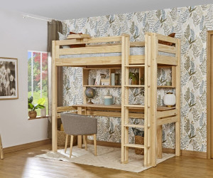 Ma Chambre d'Enfant Lit mezzanine enfant avec bureau Cancun  Bois naturel 90x190 cm/Opt:Echelle grand côté