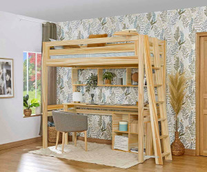 Ma Chambre d'Enfant Lit mezzanine ado avec bureau Fynn  Bois naturel 90x190 cm/Opt:Echelle petit côté