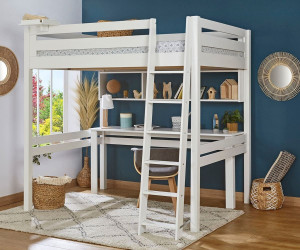 Ma Chambre d'Enfant Lit mezzanine ado 2 places avec bureau Fynn  Blanc 140x190 cm/Opt:Echelle grand côté