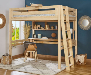 Ma Chambre d'Enfant Lit mezzanine adulte 2 places avec bureau Fynn  Bois naturel 120x190 cm/Opt:Echelle petit côté