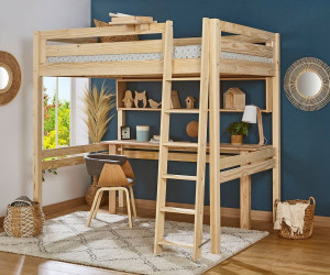 Ma Chambre d'Enfant Lit mezzanine adulte 2 places avec bureau Fynn  Bois naturel 140x190 cm/Opt:Echelle grand côté