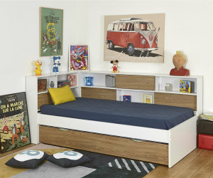 Ma Chambre d'Enfant Lit enfant avec rangement et matelas Mino  Blanc et noisette 90x190 cm/Opt:Matelas Airfresh 15 cm