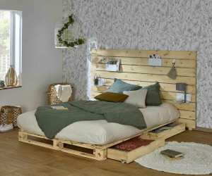 Ma Chambre d'Enfant Lit palette adulte avec tête de lit Aro  Bois naturel 140x200 cm/Opt:4 tiroirs