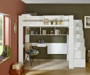 Ma Chambre d'Enfant Lit mezzanine ado 2 places avec escalier Naolo  Blanc 140x190 cm