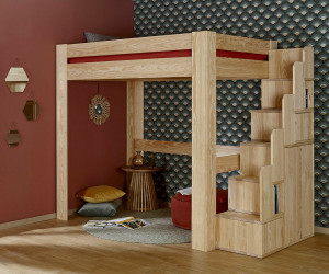 Ma Chambre d'Enfant Lit mezzanine adulte 2 places avec escalier Naolo  Bois naturel 140x190 cm