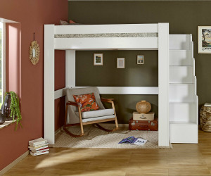 Ma Chambre d'Enfant Lit mezzanine adulte 2 places avec escalier Naolo  Blanc 120x190 cm