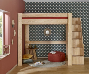 Ma Chambre d'Enfant Lit mezzanine enfant 2 places avec escalier et matelas Naolo  Bois naturel 120x190 cm