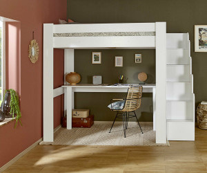 Ma Chambre d'Enfant Lit mezzanine ado avec escalier et bureau Naolo  Blanc 90x190 cm