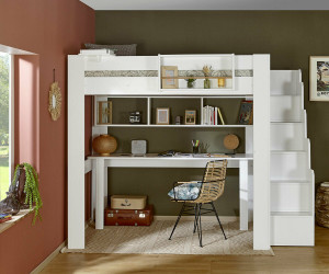 Ma Chambre d'Enfant Lit mezzanine enfant 2 places avec escalier et bureau Naolo  Blanc 120x190 cm