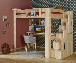 Ma Chambre d'Enfant Lit mezzanine ado 2 places avec escalier et bureau Naolo  Bois naturel 140x190 cm