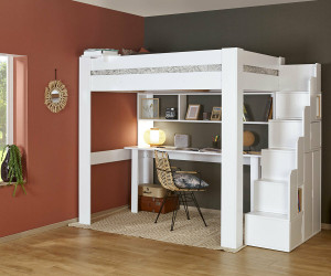 Ma Chambre d'Enfant Lit mezzanine ado 2 places avec escalier et bureau Naolo  Blanc 120x190 cm