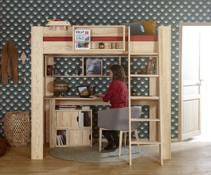 Ma Chambre d'Enfant Lit mezzanine adulte 2 places avec bureau Naolo  Bois naturel 140x190 cm